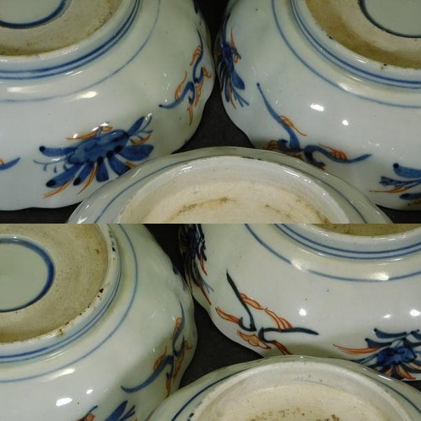 【時代磁器　古伊万里　染錦若松牡丹紋　輪花ナマス皿（５枚）】