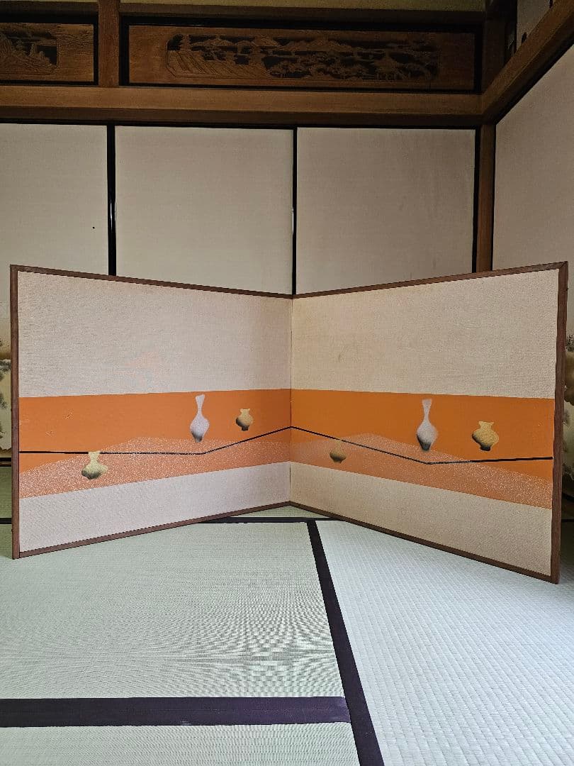昭和レトロ/1960年代物/レア】屏風 風よけ 風除け 表具 花瓶 壺紋様 金彩