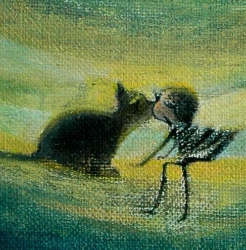 油絵 菅家令子 絵 絵画インテリア額付(黒) F3-031119 祈り子猫女の子