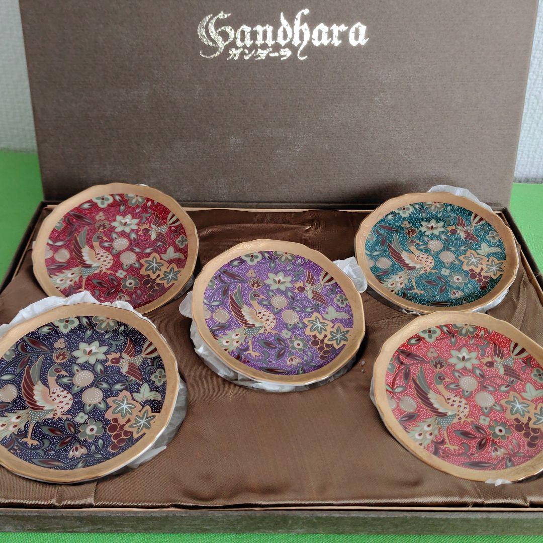 昇龍窯、ガンダーラ、金彩鳳凰図小皿５客セット