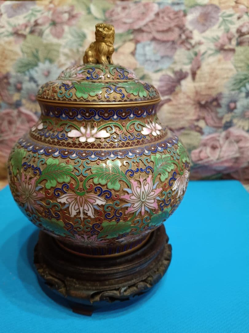 中国美術　七宝焼（景泰藍）金獅子香炉.沈香壺 昭和レトロアンティーク