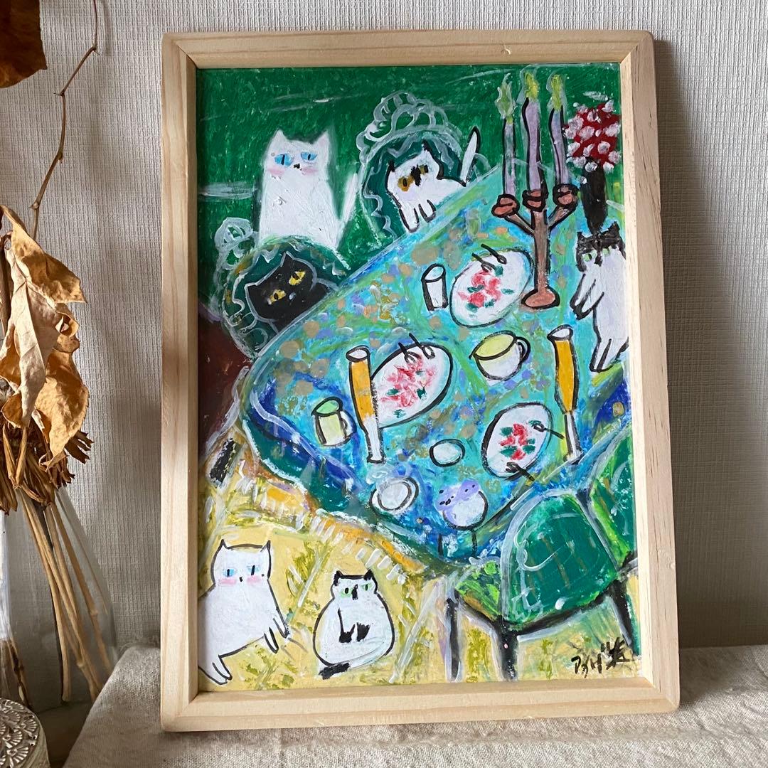 絵画 。手描き【猫たちの美しいろうそく、美味しいシャンパンディナーの夜】