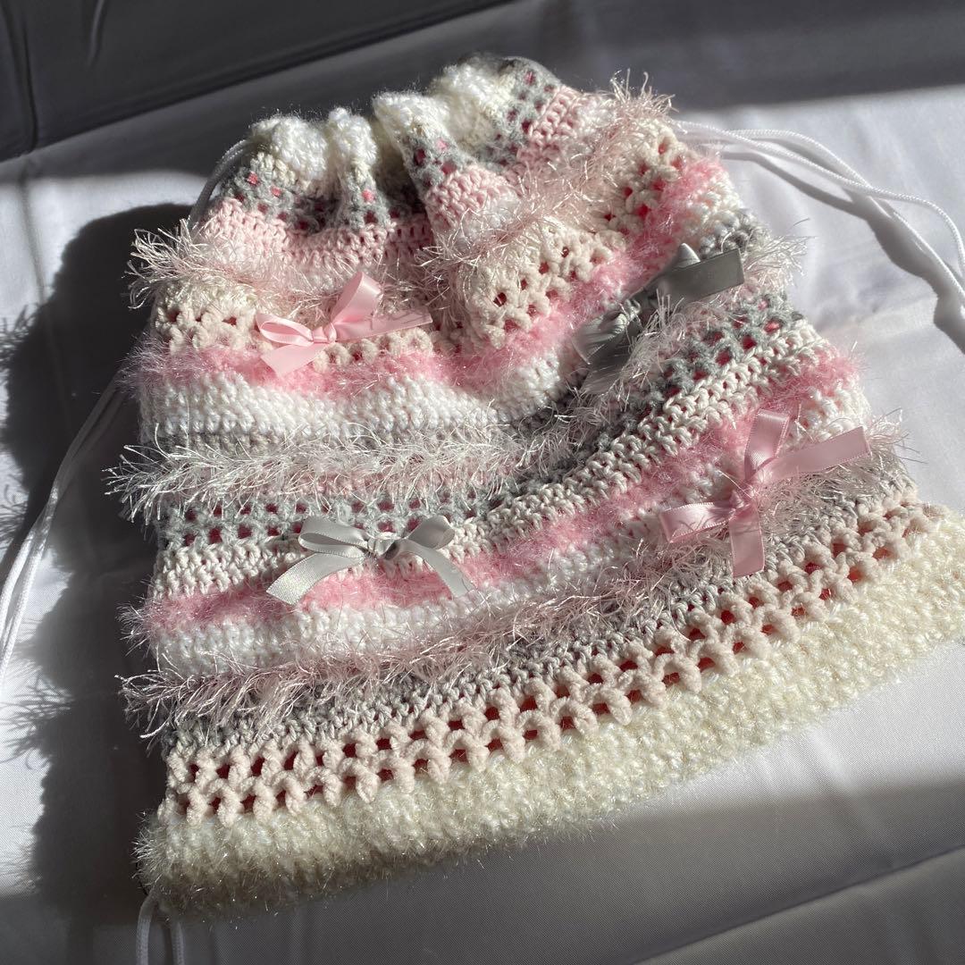 【5%OFF】ナップサック　リュックサック　編み物　ピンク