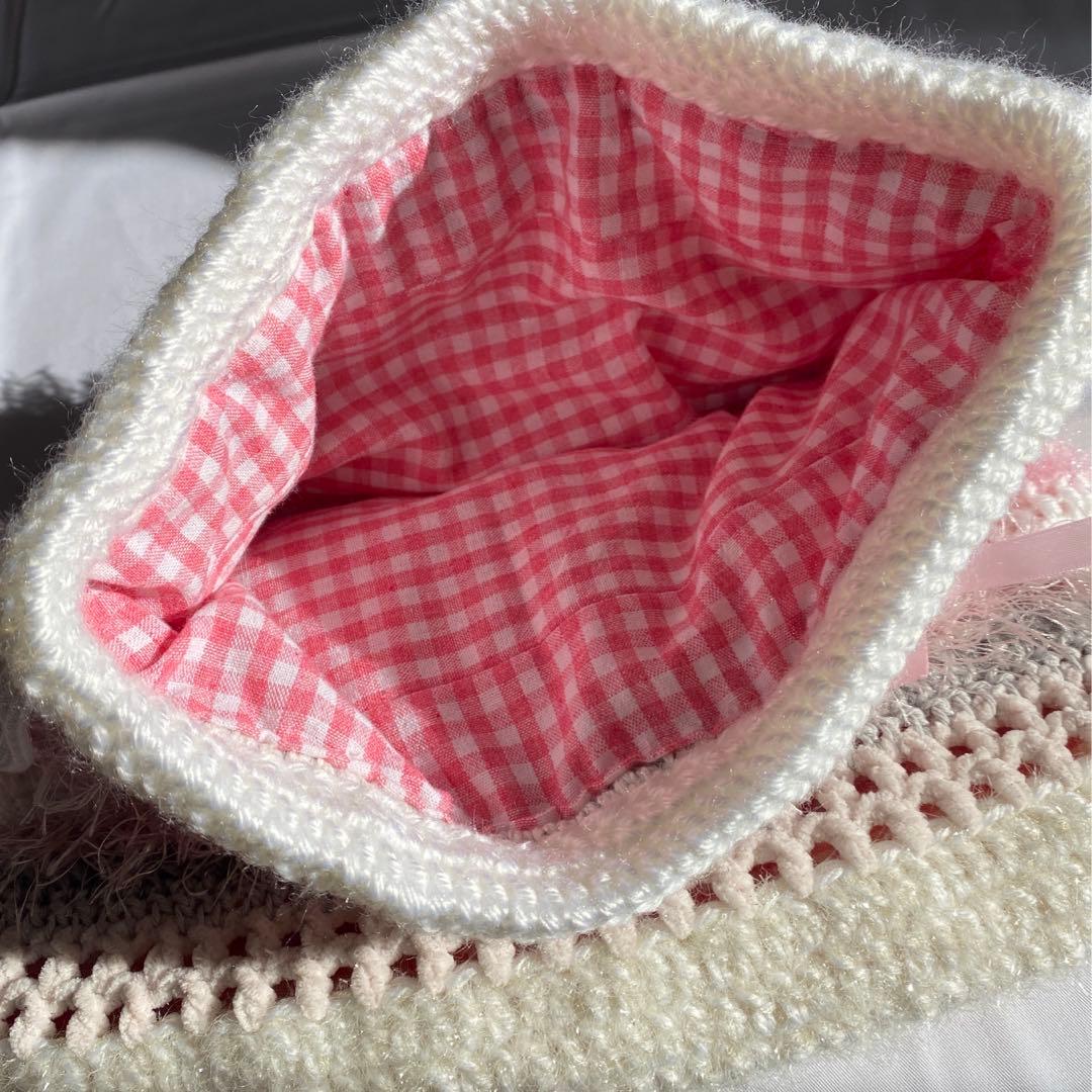 【5%OFF】ナップサック　リュックサック　編み物　ピンク