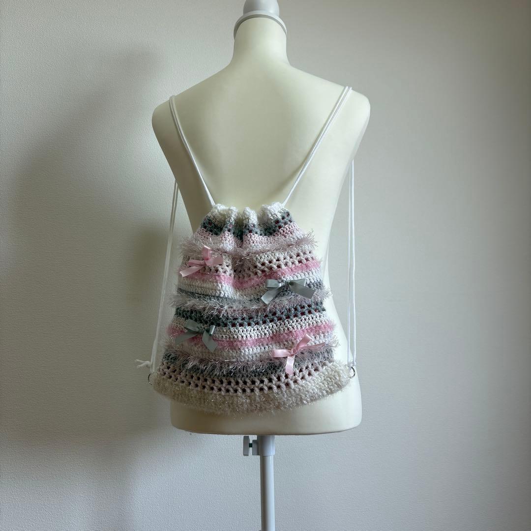 【5%OFF】ナップサック　リュックサック　編み物　ピンク