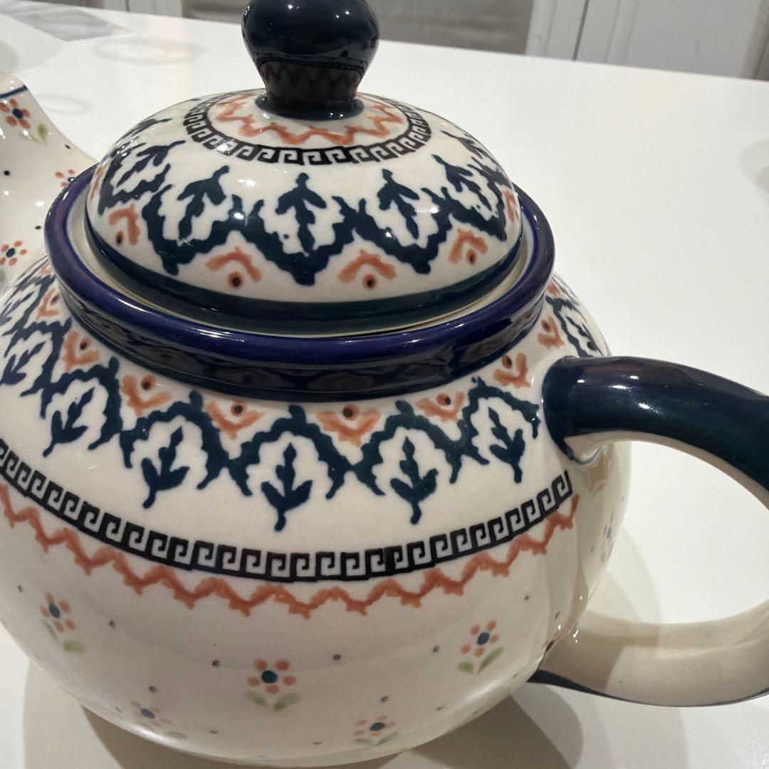 ポーリッシュポタリー 青とオレンジの装飾 陶器の急須