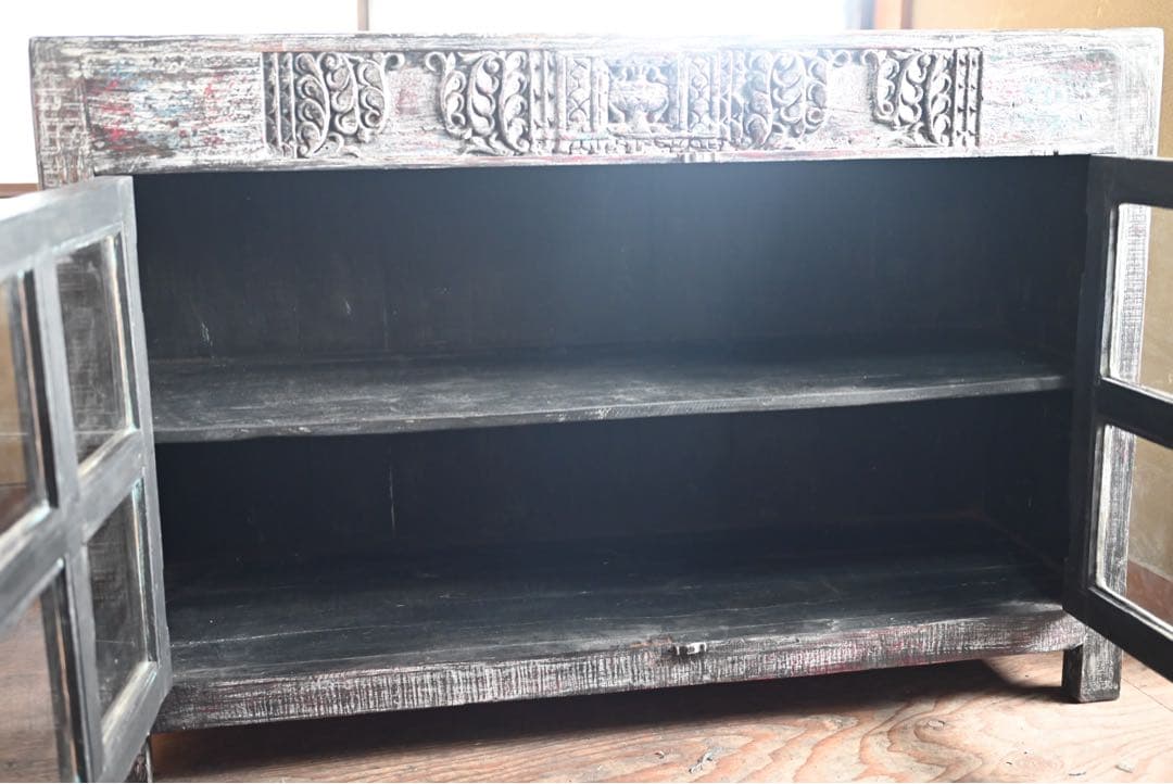 アンティーク チーク材 インド 古家具 ローボード ローキャビネット