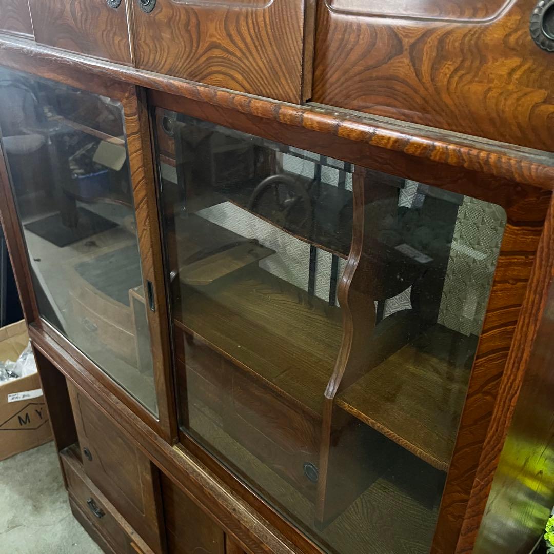 昭和レトロ 茶箪笥 欅 和家具 ガラス戸 飾り棚 高さ約170cm