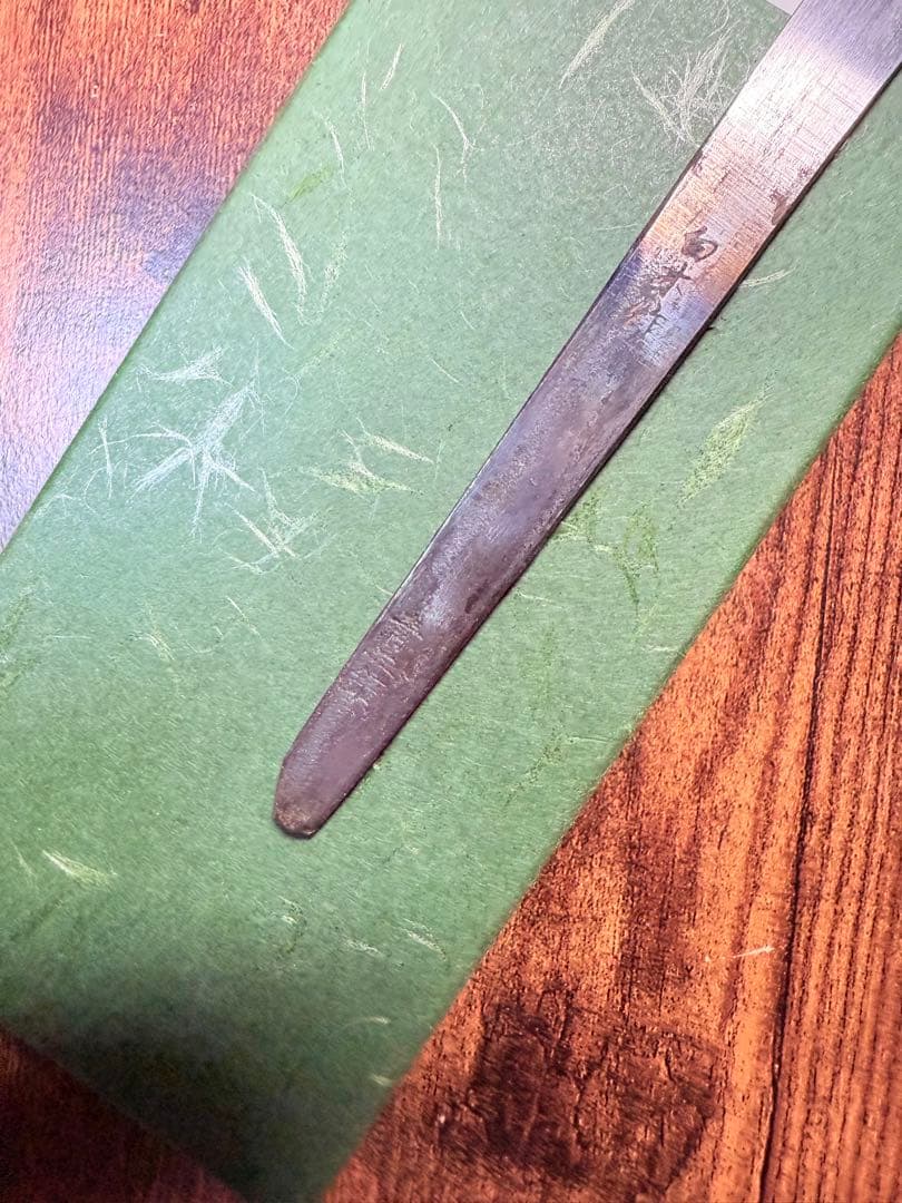 白木作　薄刃 鎌型　水本焼　青鋼　包丁　鏡面　7.5寸　片刃　黒檀両白水牛八角柄