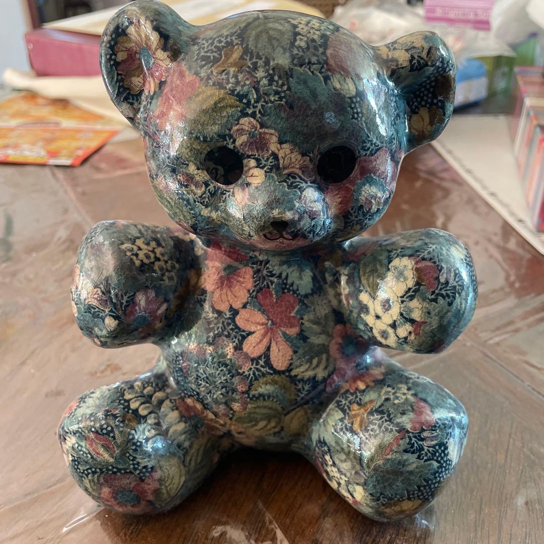 花柄陶器テディベア 約15cm