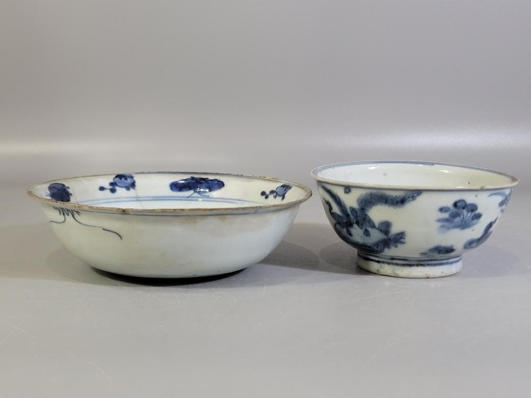 中国 古染付 水鳥 碗 馬絵 皿 二件 古美術 DT249