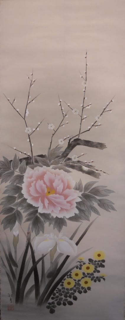 掛け軸 小泉紅月 四季草花 絹本 希少 軸装 茶道具 掛軸 美品 です。