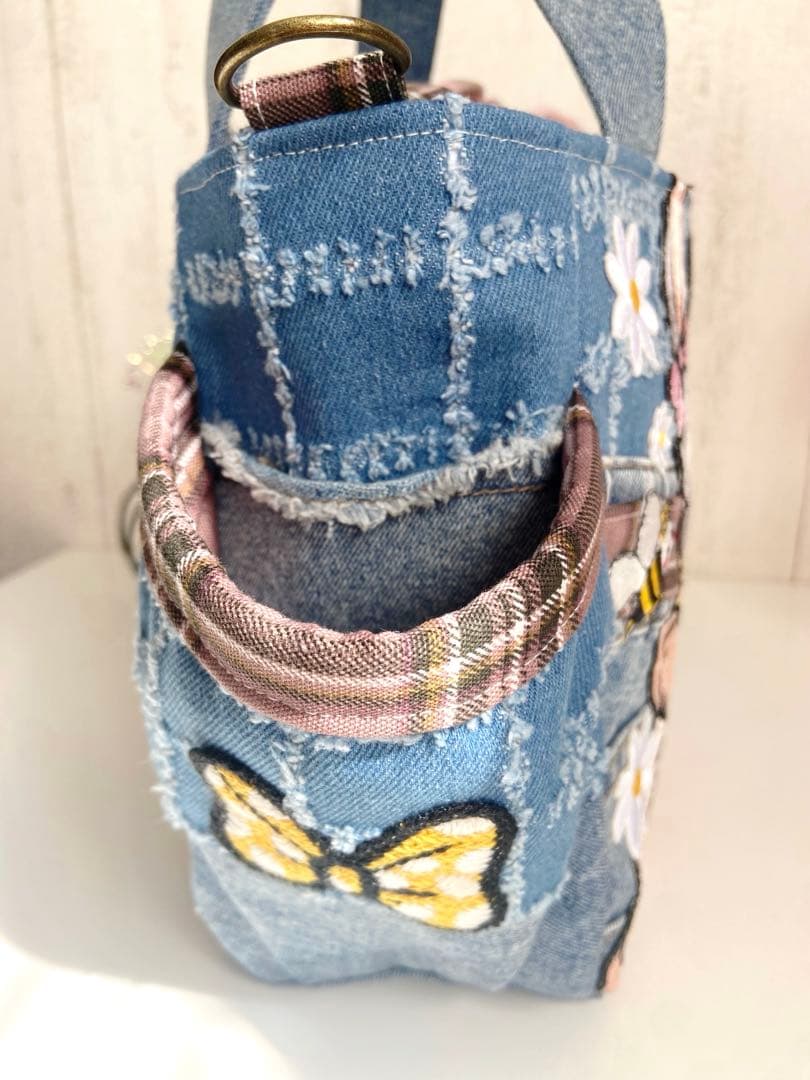 デニムリメイクバッグS チェック柄×うさぎ