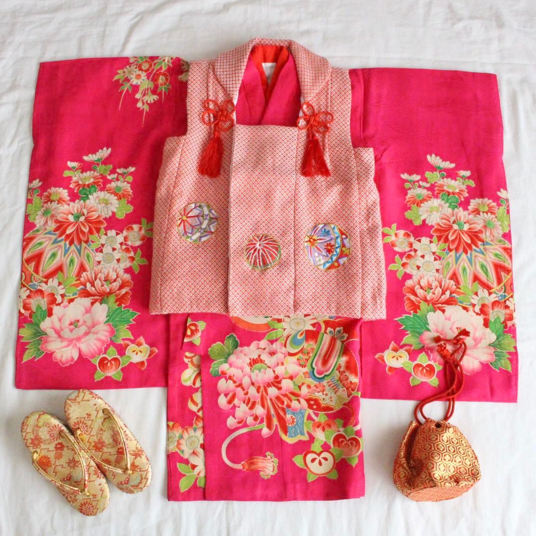 七五三 3歳 女の子 子供 アンティーク マゼンダ 着物 被布 セット