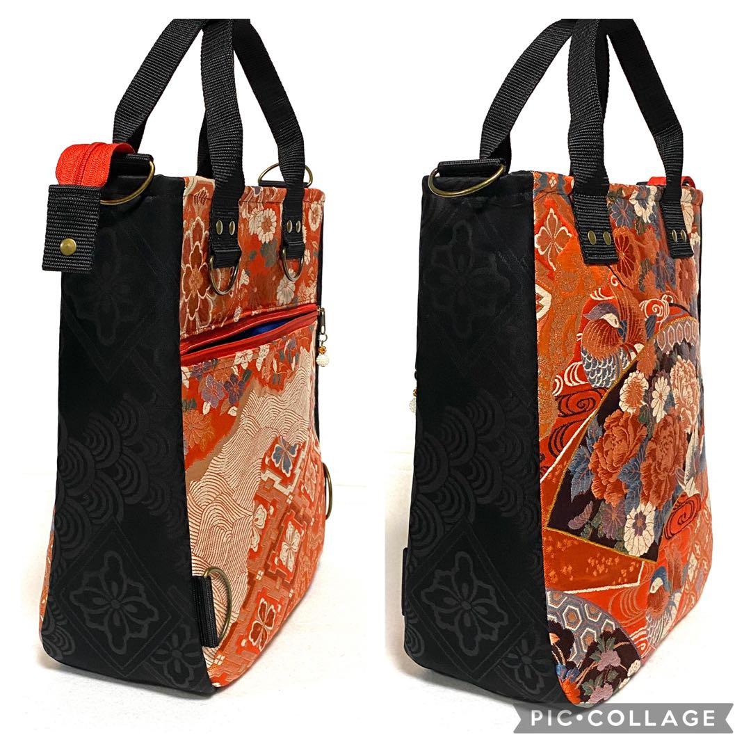 396 帯リメイク　鴛鴦（ おしどり ）と牡丹の赤いBOX型3wayバッグ