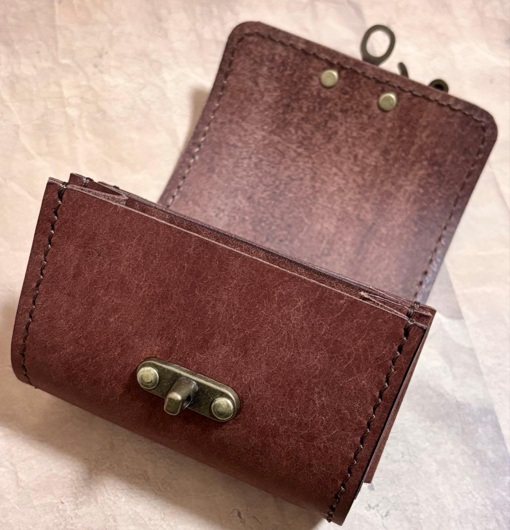 イタリアンレザー　ミニ蛇腹ポーチ　アンティーク調　コラージュ収納ポーチ