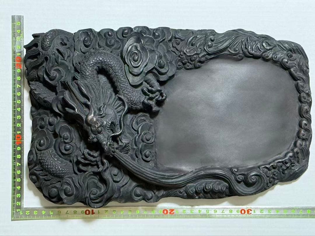 ￼ 中国美術 大型端渓硯 細密龍雲彫刻硯 文房具 年代物