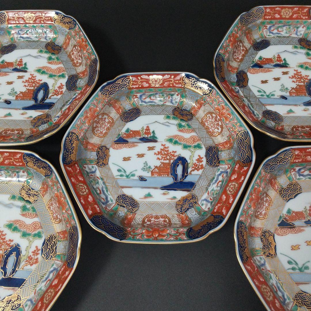 未使用品 有田焼 幸楽窯 錦色絵山水 銘々皿 中皿 六角皿 14㎝ 古伊万里文