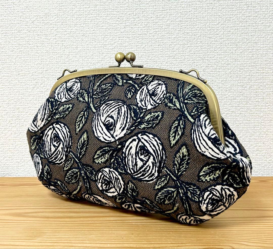 ハンドメイド がま口バッグ ポーチ クラッチ rosy ブラウン　ミナペルホネン