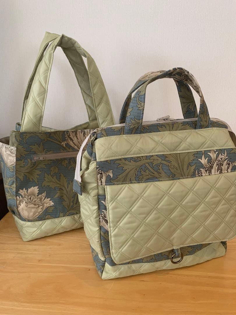 ルルハンドメイドリュック＆トート＊モリス柄布＊撥水加工キルティングベージュ