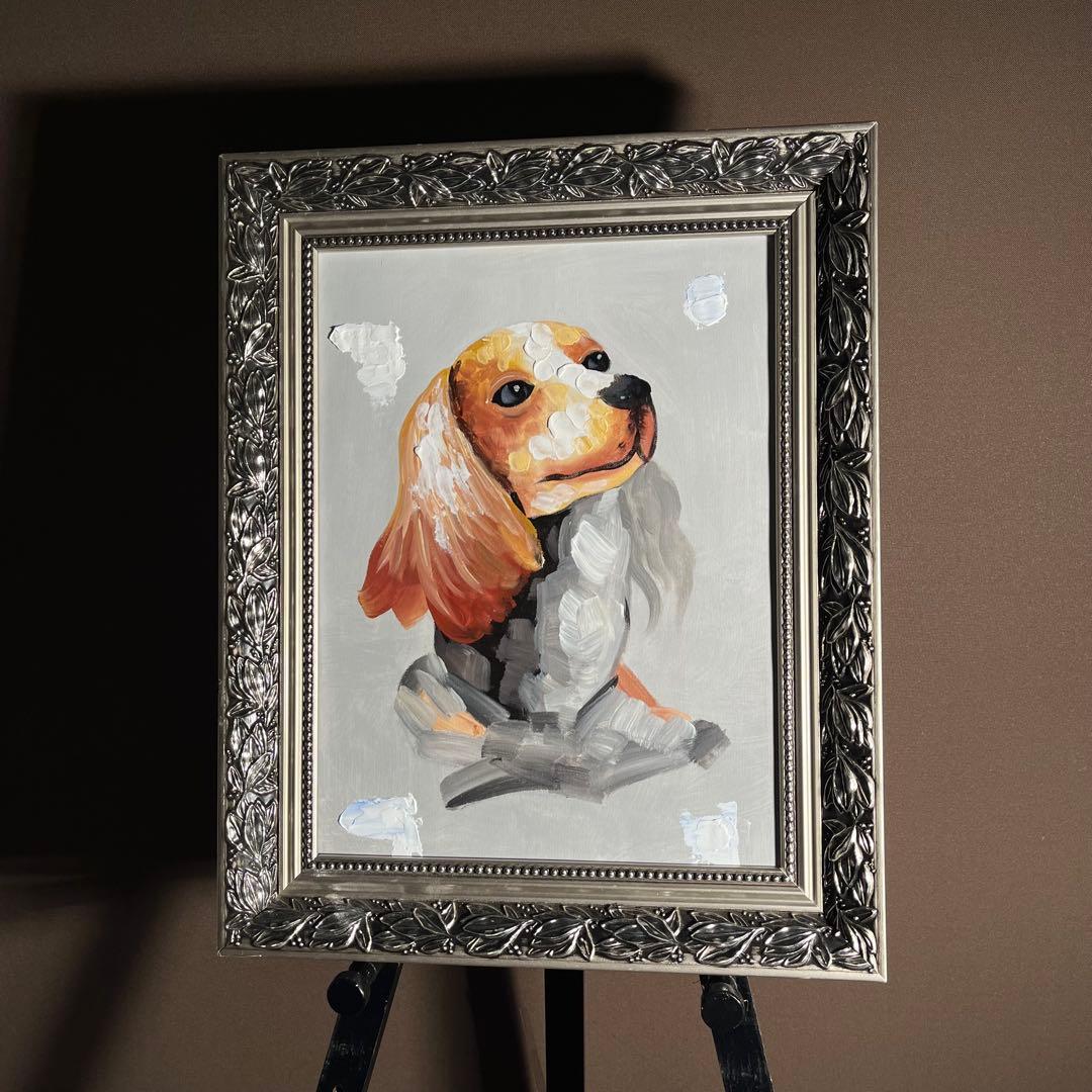 手書き油絵 キャバリア 愛犬 額付 肉筆絵画 インテリア 油彩画