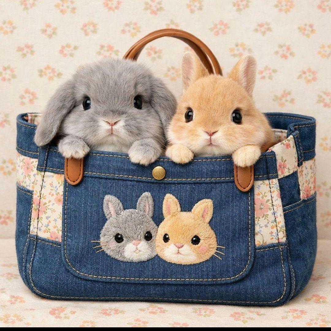 バッグに入ったうさぎさんパネル生地　ハンドメイド