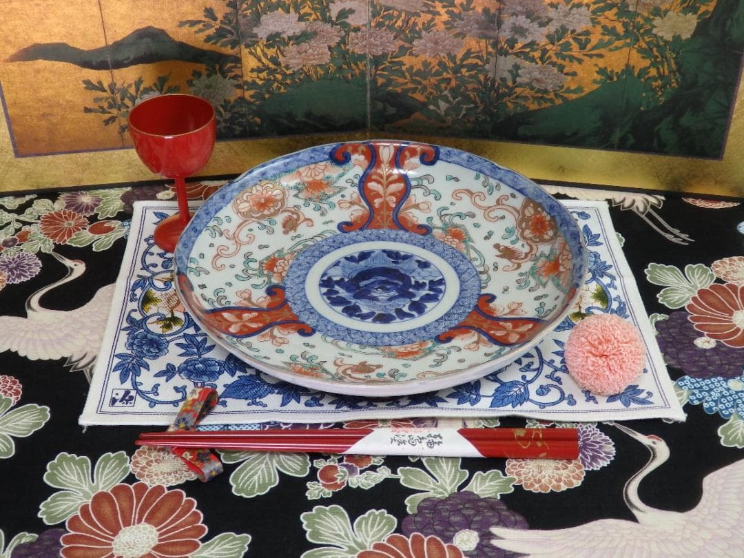 古伊万里　色絵　七宝繋紋に獅子の図　７寸半皿　B180AS-CZv