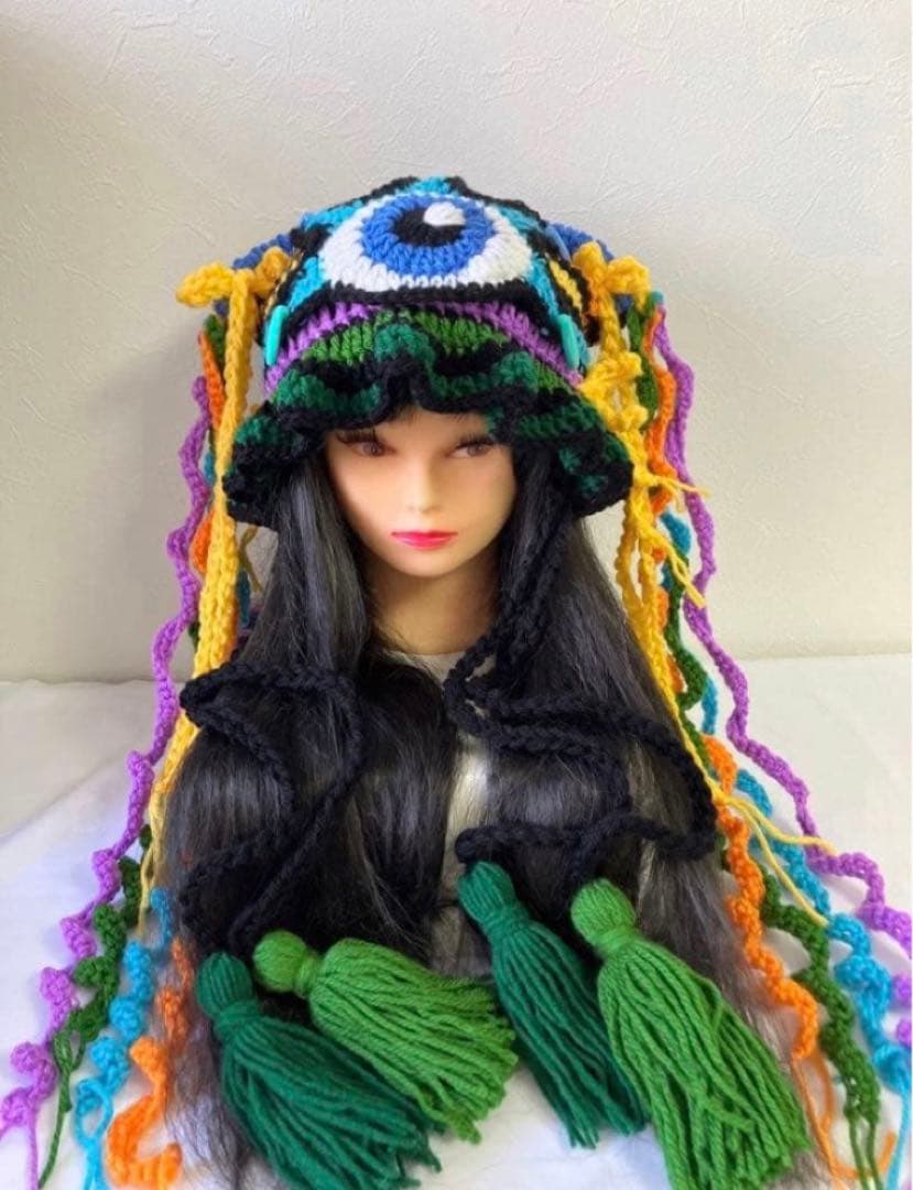猫耳ニット帽　ハンドメイド　アジアン　デコラ　カラフル　一点もの　☺︎