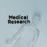 Conceptual image of a transparent human model with medical research text on pastel background.